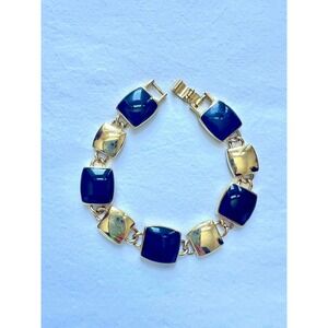 Napier Gold Black Square Gem Link Bracelet Vintage Estate Jewelry